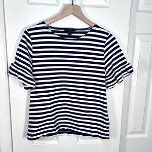 J Crew Navy and White Striped Ruffle Sleeve Boxy Top